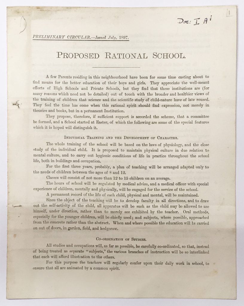 1897 document titled Proposed Rational School