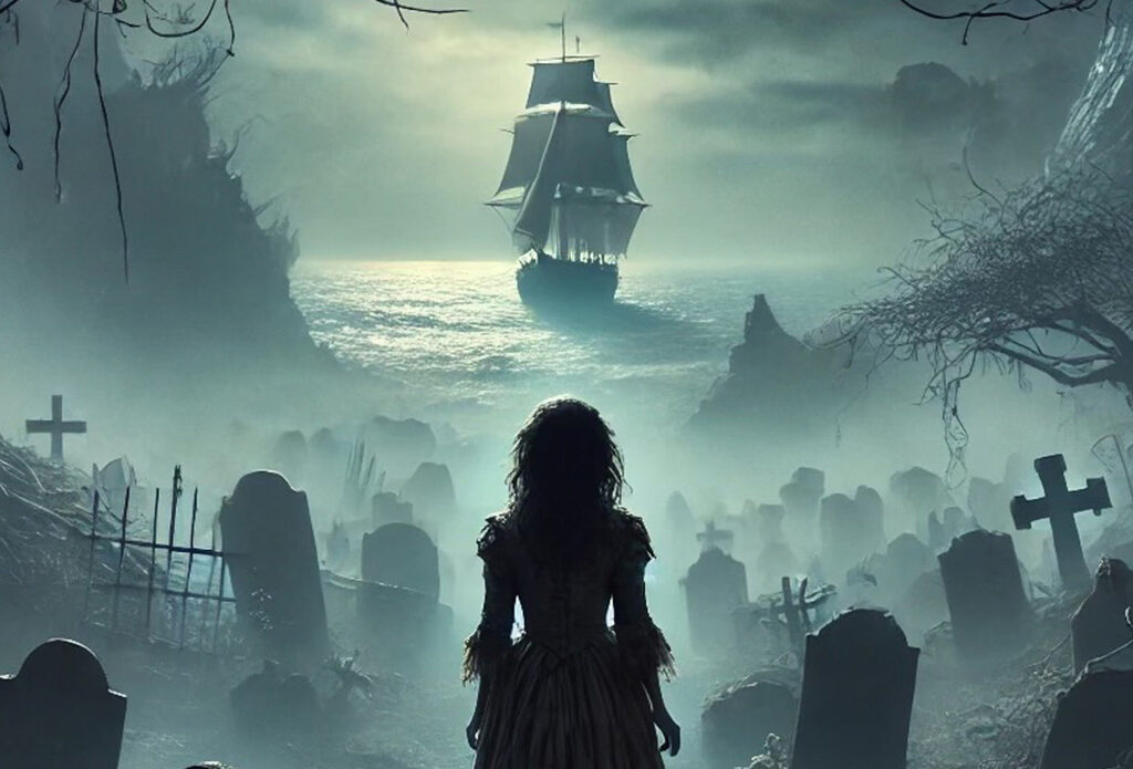 A girl in old-fashioned clothing is pictured from behind in shadow, looking out over a misty graveyard and the sea beyond, with a large sail boat lit by the moon