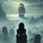 A girl in old-fashioned clothing is pictured from behind in shadow, looking out over a misty graveyard and the sea beyond, with a large sail boat lit by the moon