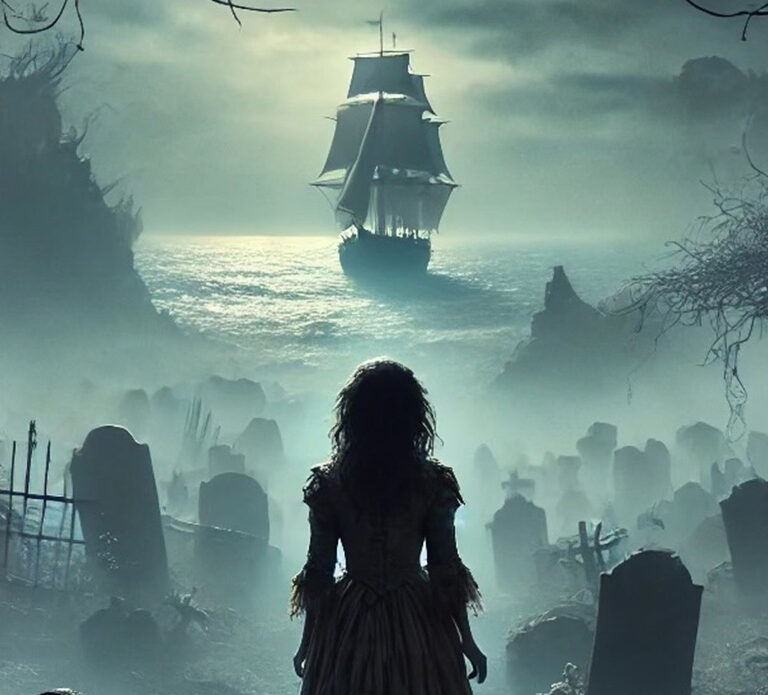 A girl in old-fashioned clothing is pictured from behind in shadow, looking out over a misty graveyard and the sea beyond, with a large sail boat lit by the moon