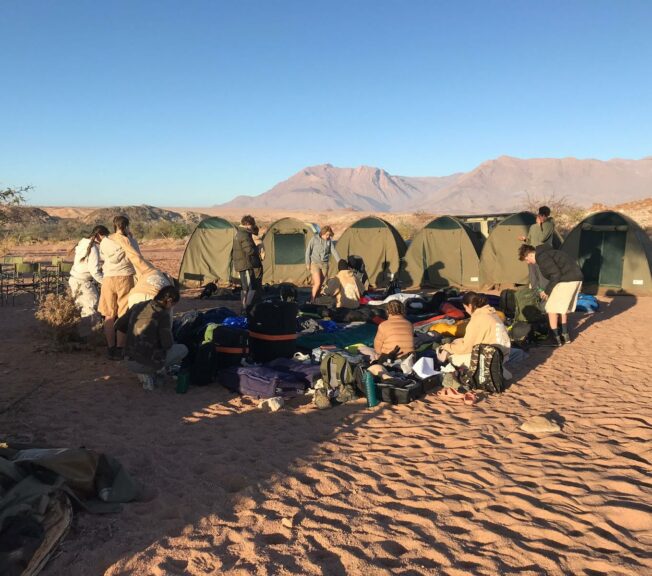 Green tents pictured in the Namibian desert