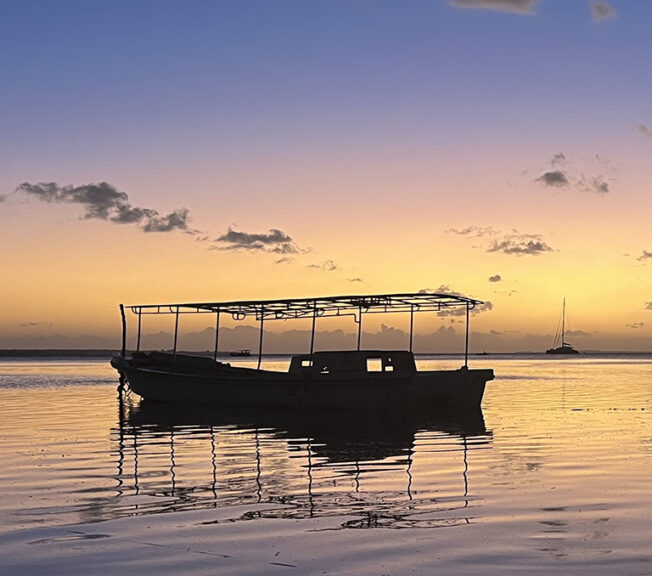 A boat in shadow on calm waters in the Indonesian sea at sunset