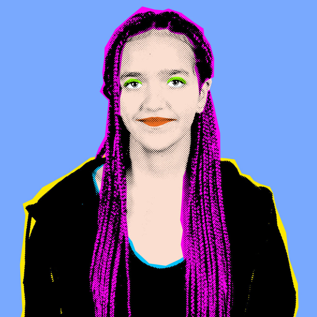 Pop Art-style picture of a female student from The King Alfred School Sixth Form. She is set against a lilac background, with her long braids coloured purple, green across her eyelids, and yellow around her body.