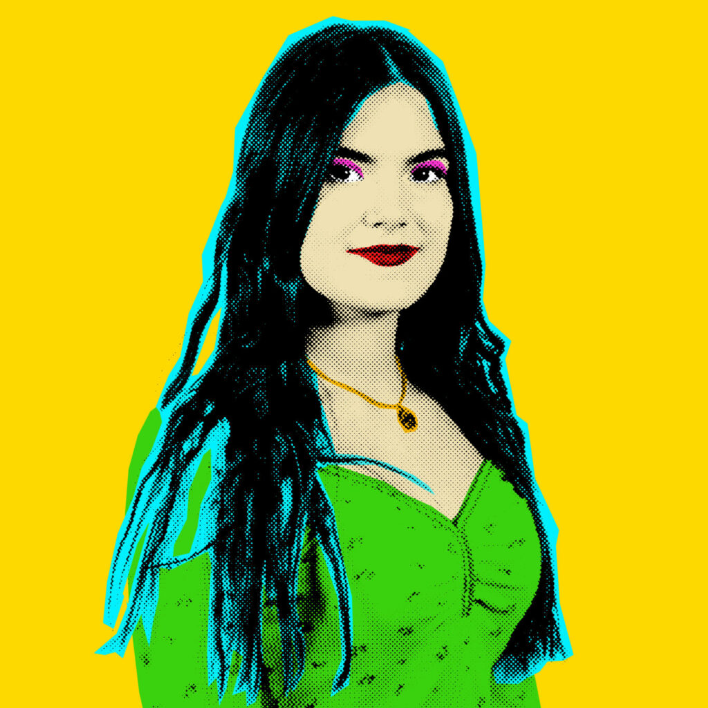 Pop Art-style picture of a female student from The King Alfred School Sixth Form. She is set against a yellow background, with her hair highlighted turquoise and her eyelids coloured pink.