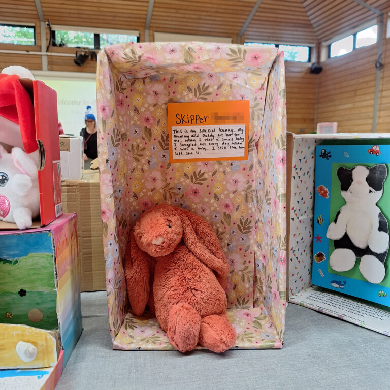 A shoebox on its side decorated with floral paper and a pink toy bunny inside. A note reads: 'This is my special bunny. My mummy and daddy got her for me when I was a small baby. I snuggled her every day when I was a baby. I still love how soft she is.'