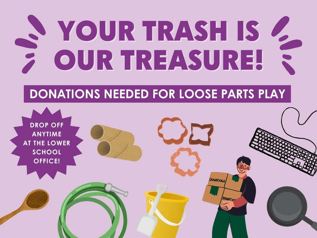 Graphic that reads "YOur trash is our treasure! Donations needed for Loose Parts Play. Drop of anytime at the Lower School office". Illustraions of a wooden spoon, hosepipe, toilet rolls, a bucket and space, cookie cutters, frying plan, computed keyboard and man carrying a box marked 'donations' also feature.