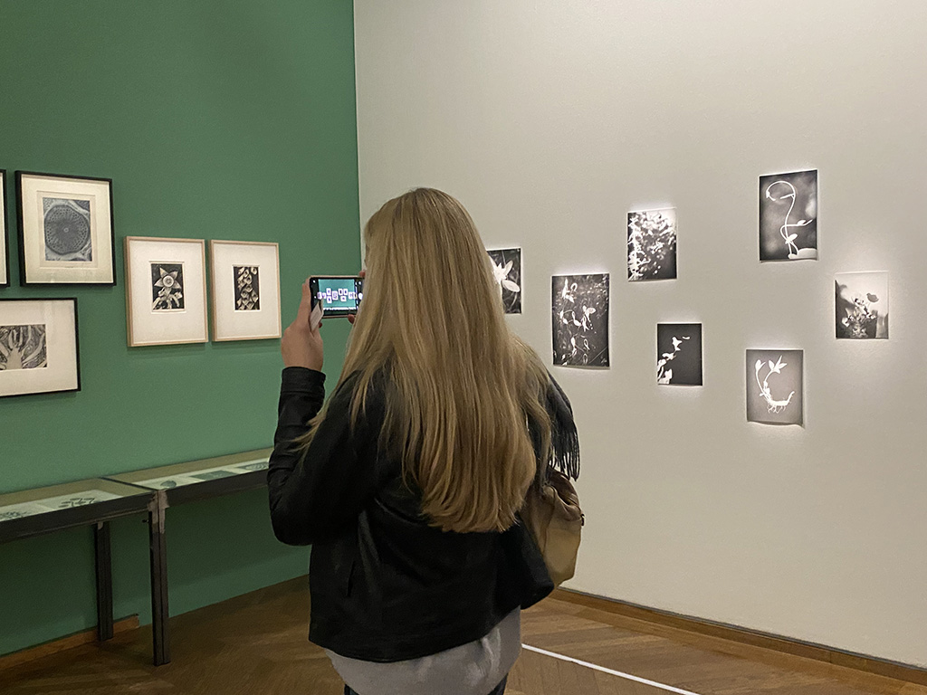 A female Sixth Form student from The King Alfred School pictured from behind taking a photo of a photography exhibition display on her smartphone