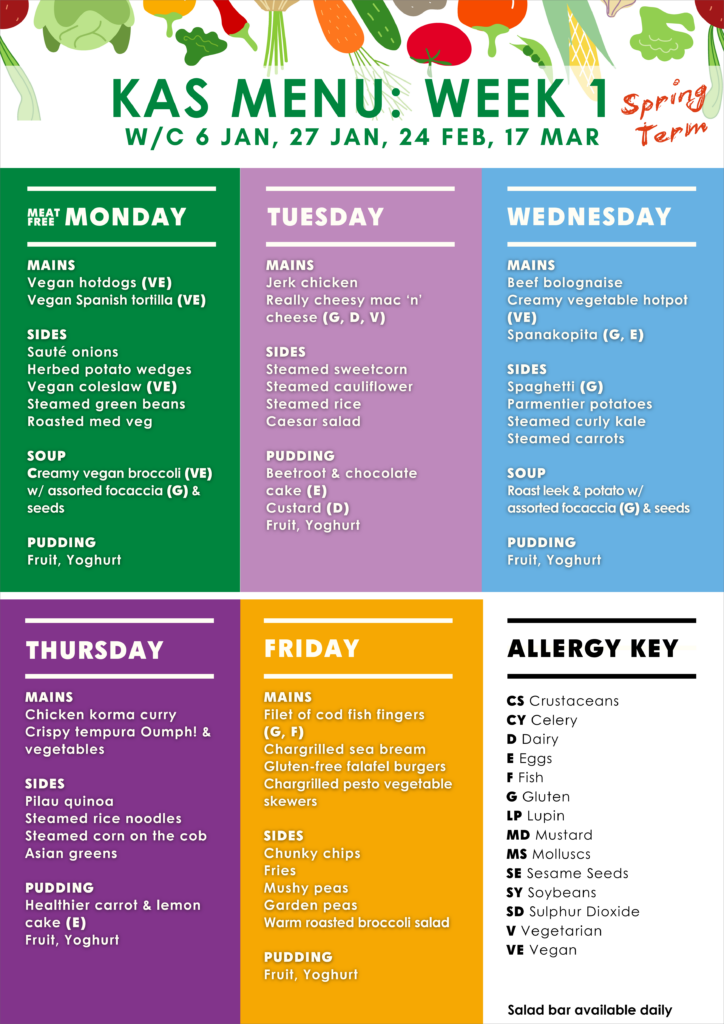 A menu listing lunches at The King Alfred School in Week 2 of Spring Term 2025