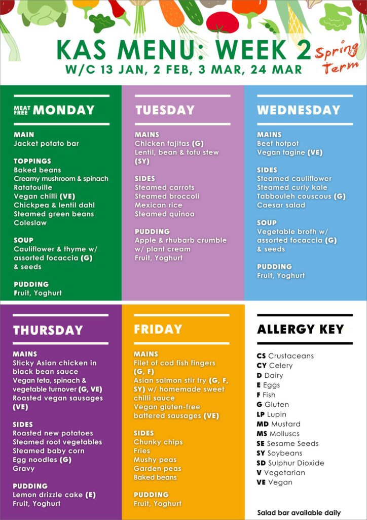 A menu listing lunches at The King Alfred School in Week 2 of Spring Term 2025