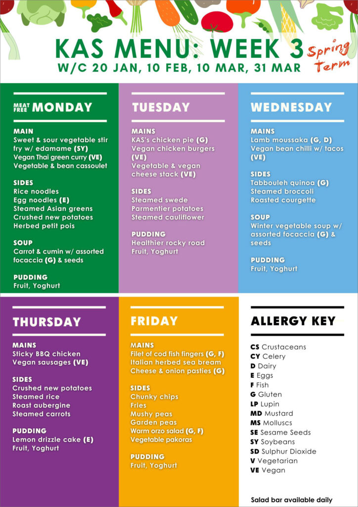 A menu listing lunches at The King Alfred School in Week 3 of Spring Term 2025